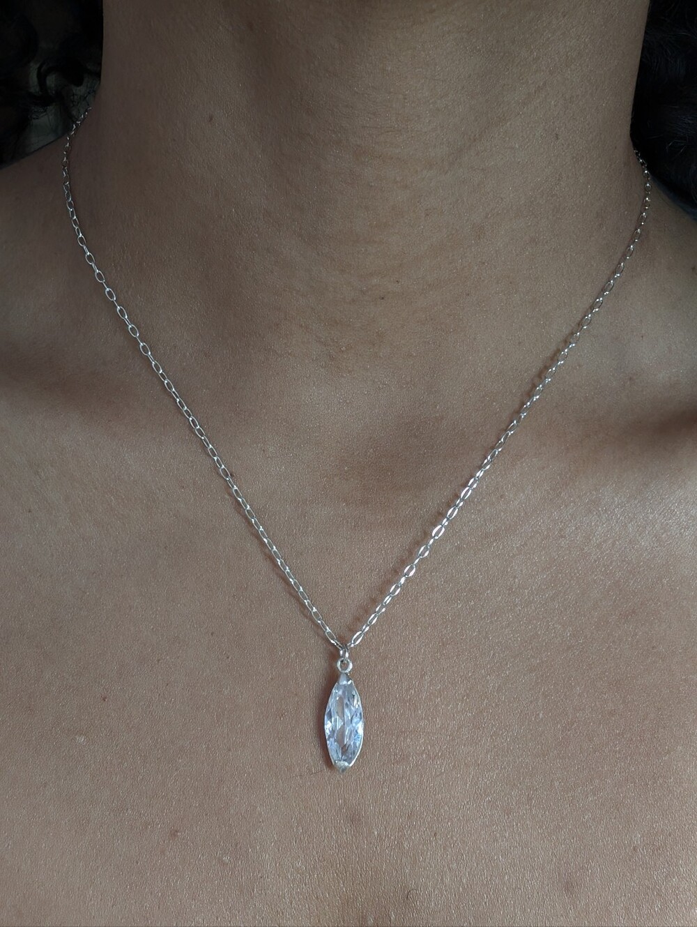 Sterling Silver Marquise Pendant Necklace 16” Dainty Ethereal